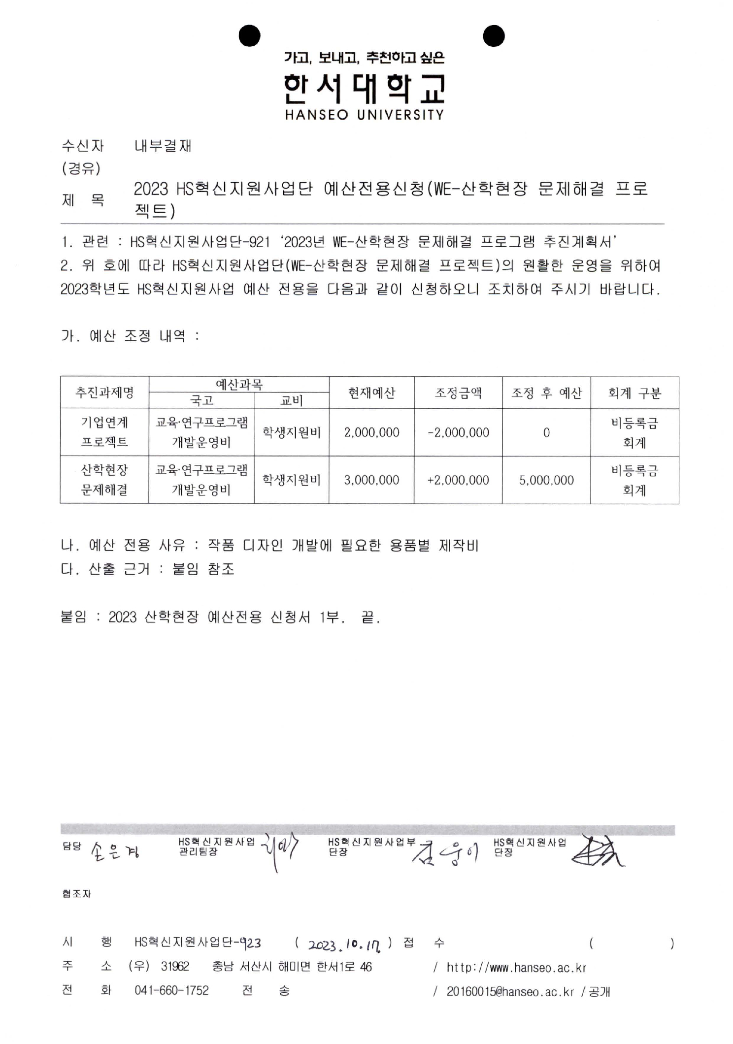 2023 HS 혁신지원사업단 예산전용신청(WE-산학현장 문제해결 프로젝트)