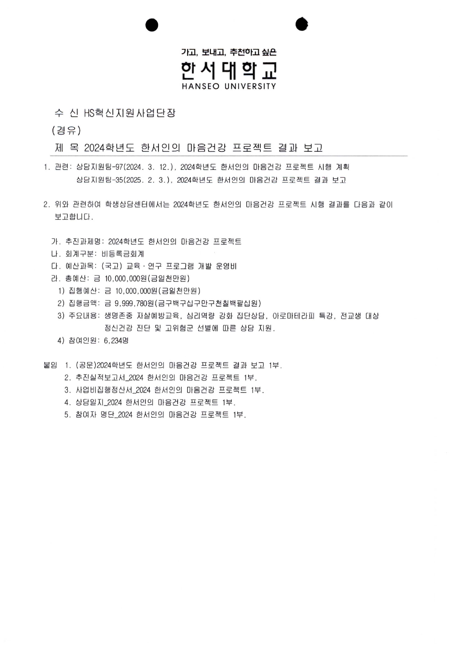 2024학년도 한서인의 마음건강 프로젝트 결과 보고